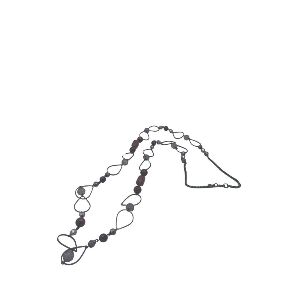 Long Metal Beaded Necklace Abstract Design Black Purple Silver Lobster Clasp